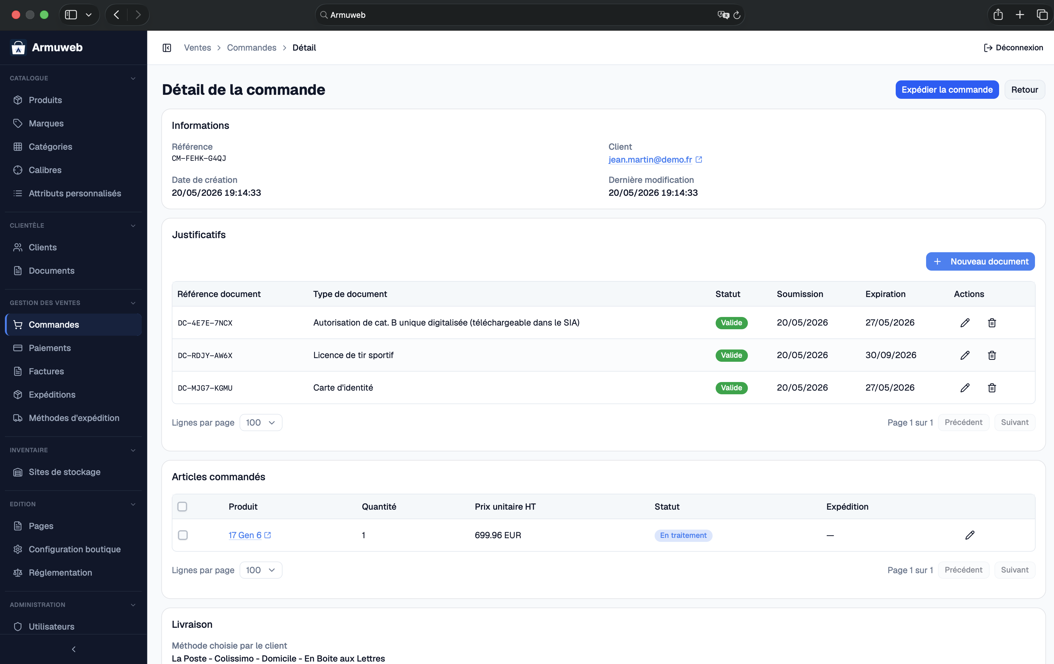 Gestion des commandes et des justificatifs client
